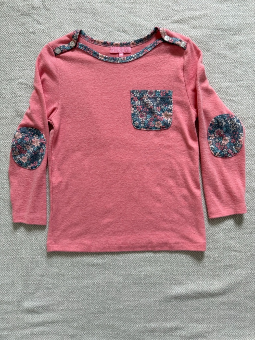 BISBY Breton Top Size 8 Pink Floral Elbow Patch & Pocket 3/4 Sleeve